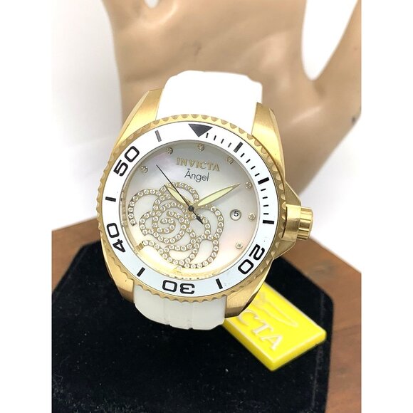 Invicta Women's Watch 0488 Angel Quartz Mother of Pearl Gold White Rubber Strap - Picture 1 of 14